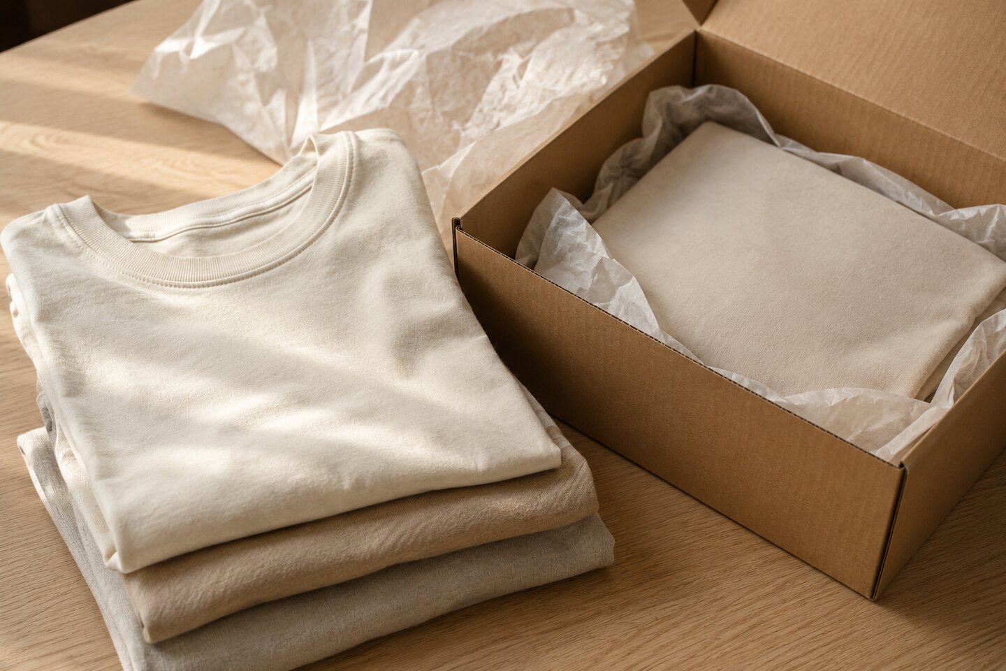 Illustrative folded cotton garments and an open plain kraft carton