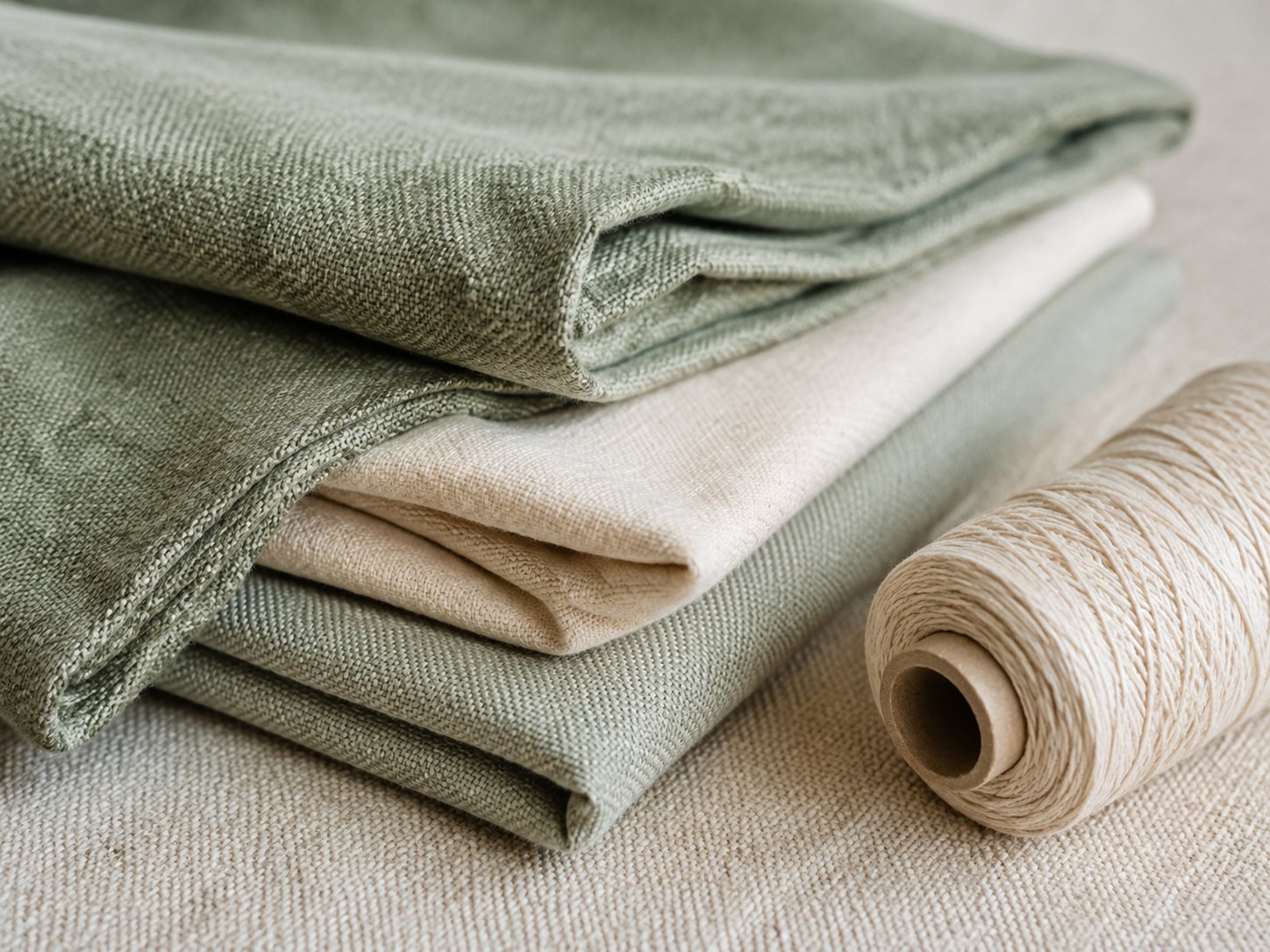 Illustrative folded fabrics and yarn in natural tones