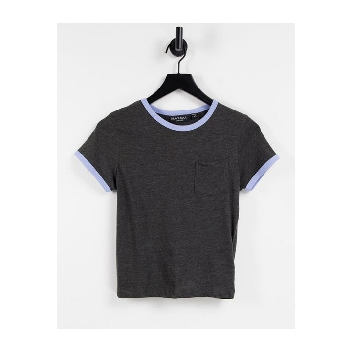 Charcoal crewneck with pale contrast neck and sleeve binding.
