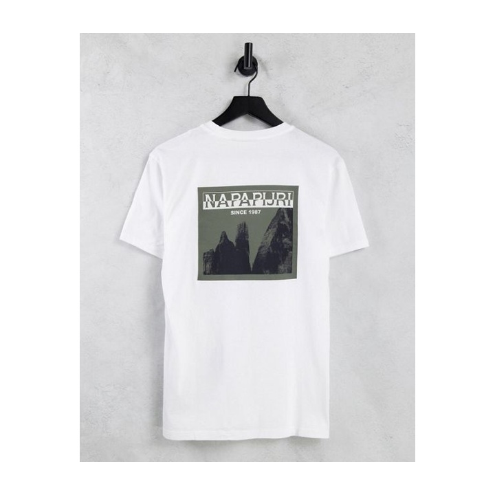 White crewneck with a rectangular forest photograph print.