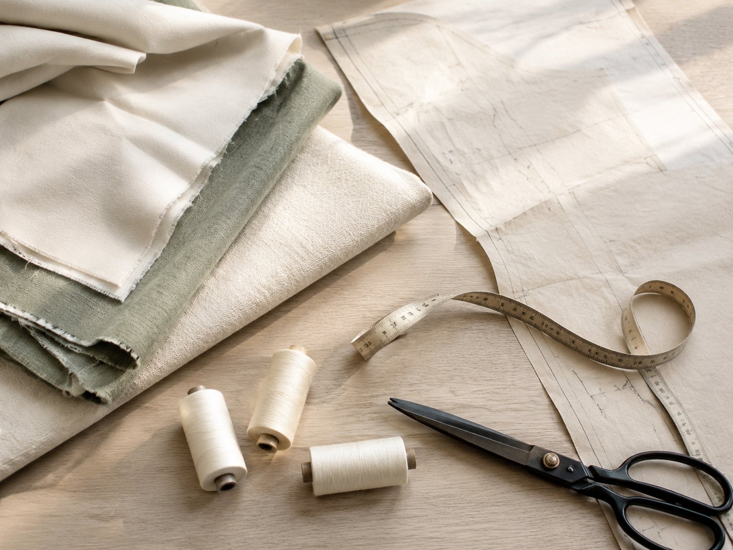 Illustrative fabric swatches and sampling tools on a worktable
