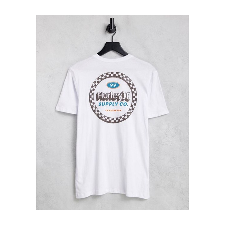 White crewneck with a blue-and-orange circular graphic.