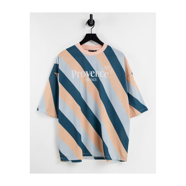 Short-sleeve crewneck with navy and sand diagonal stripes.