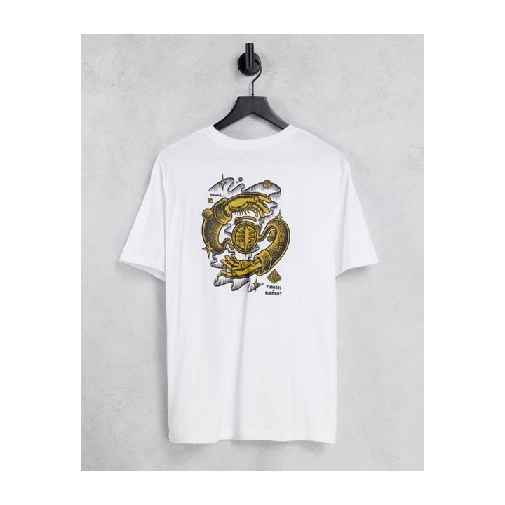 White crewneck with a gold-toned circular illustrated print.